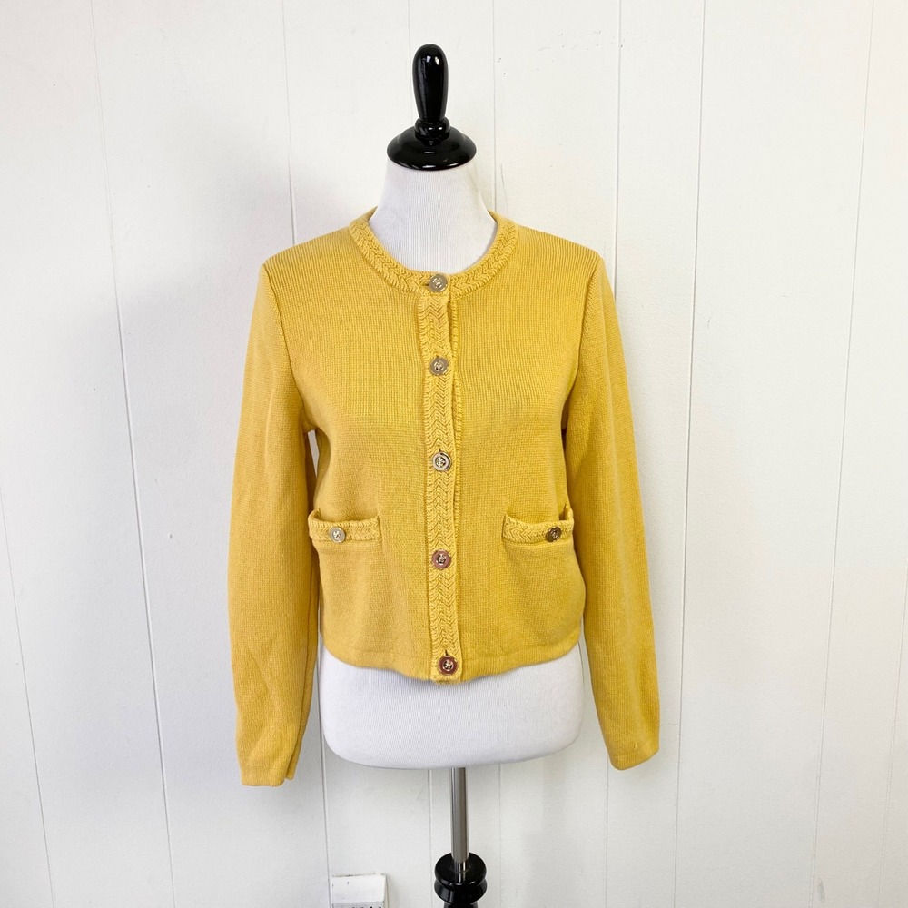 J.Crew Emilie Patch-Pocket Lady Cardigan Yellow Sz Medium Gold Buttons BY047